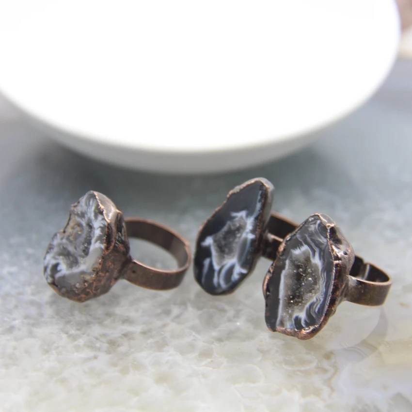 Natural Druzy Geode Agates Adjustable Rings,Lace Rock Agates Drusy Quartz Antique Brass Style Rings Jewelry Gift For Women