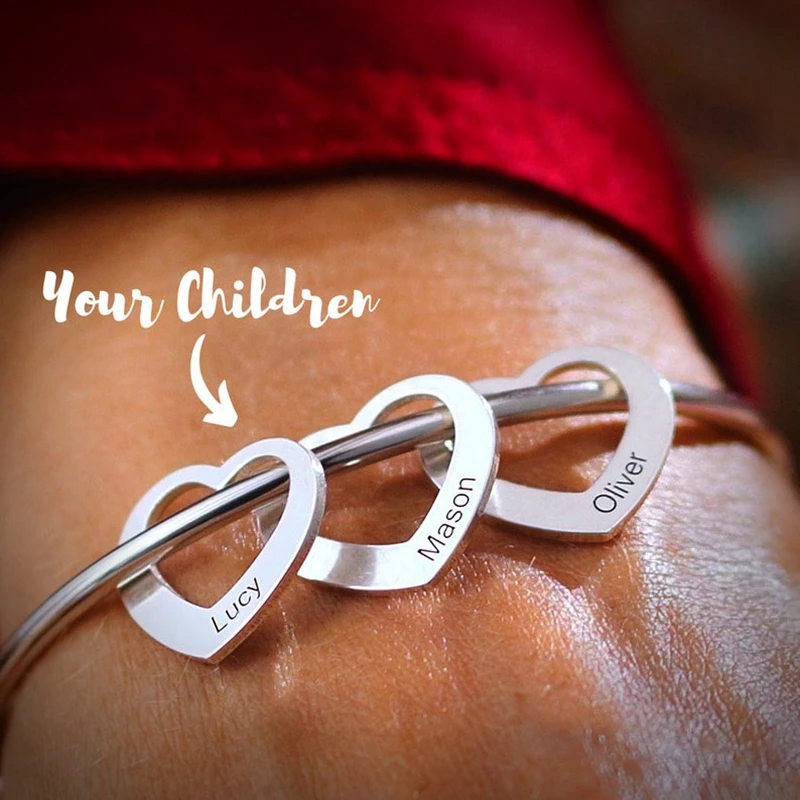 Engrave Family Name Heart Stainless Steel Charms Customized Bracelets for Women Bangle Personalized DIY Jewelry Gift for Woman