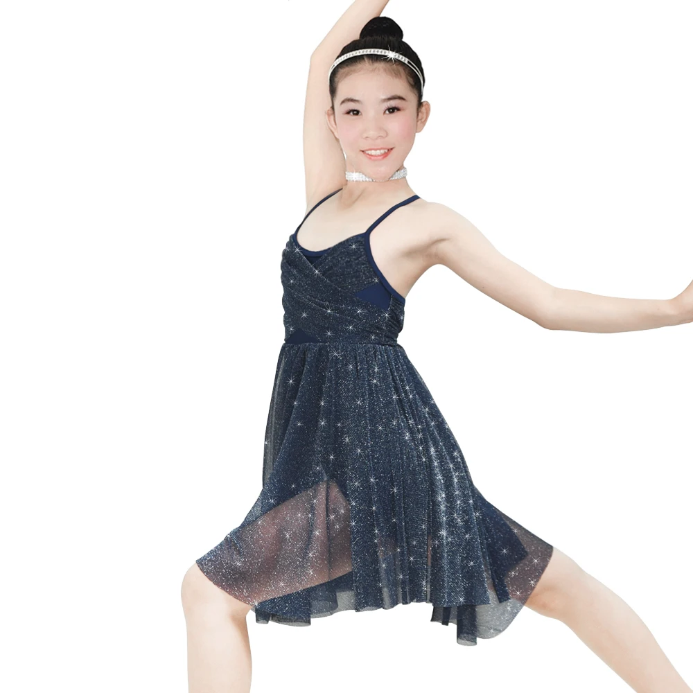 MiDee Lyrical Costumes Silver Glitter Mesh Crossing Pleats Dance Dress Camisole Leotard for Girls Women