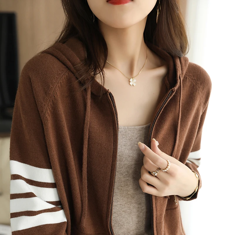 Women Cashmere Sweater Autumn / Winter  Loose TB  Design Hooded Zipper Cashmere Knit Cardigan