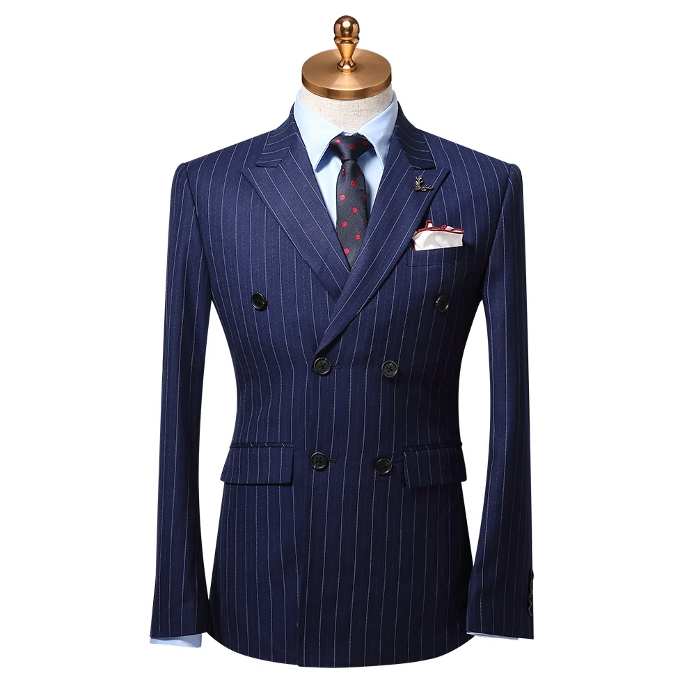 

men suit 2019 deep blue stripe double breasted mens suits with pants vests for wedding groom 3 piece set business man wear plus