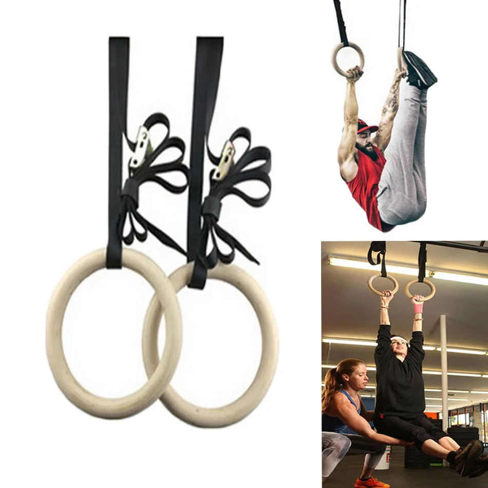 

1set wooden gymnastic training rings Mens Gym Ring With Adjustable Buckles Straps For Indoor Workout Full body Fitness equipmen