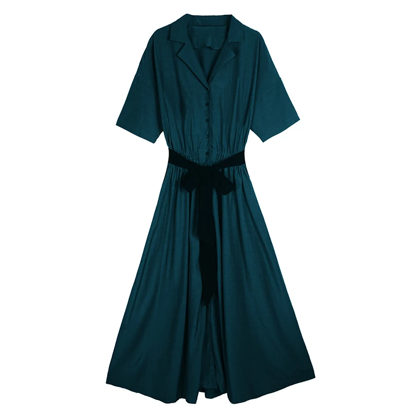 2020 Women Summer Dark Green Elastic High Waist Chiffon Long Shirt Dress Sashes Vintage Elegant A-line Midi Dresses