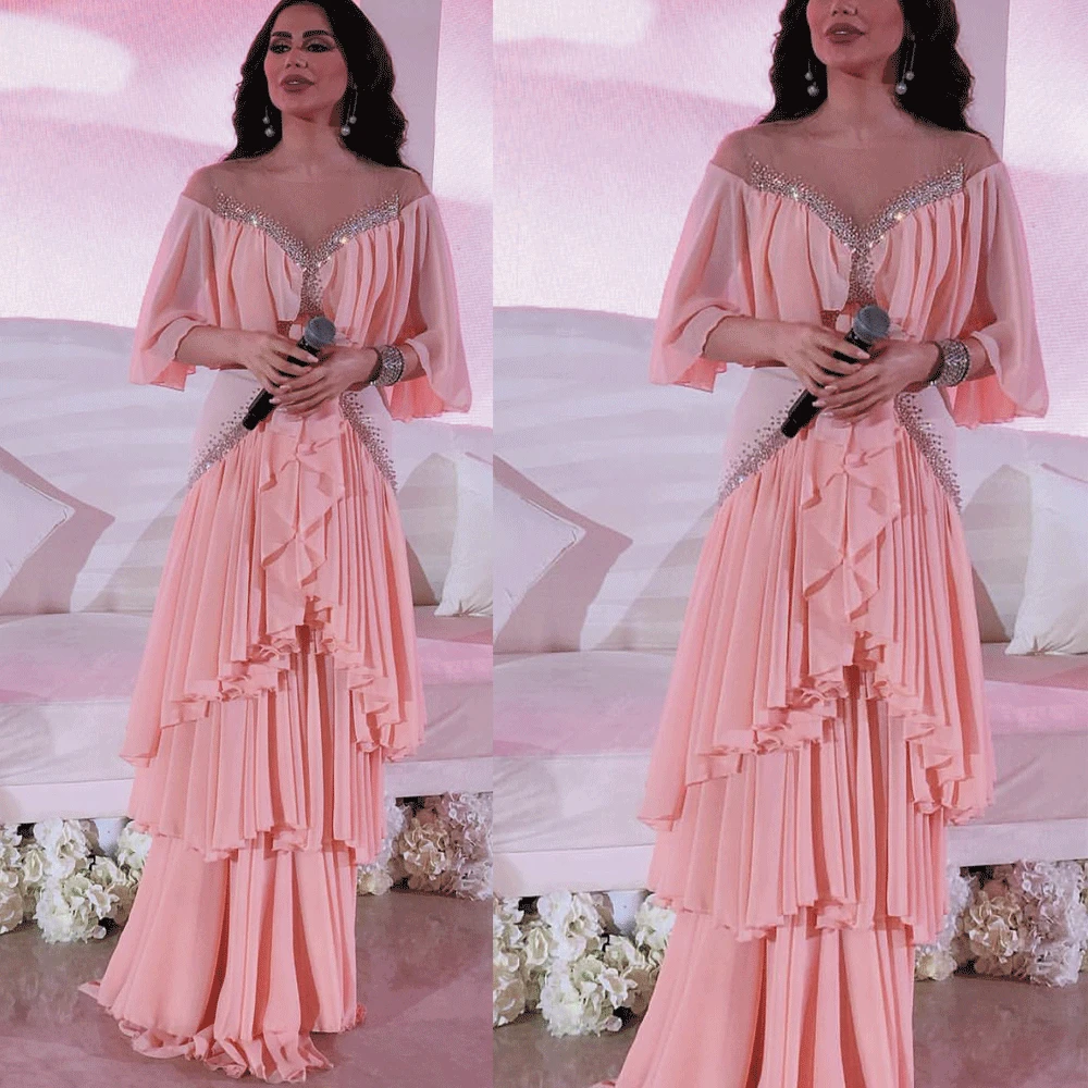 SuperKimJo Vestidos De Festa Dubai Muslim Prom Dresses Long Pink Beaded Chiffon Tiered Prom Gown Robe De Soiree