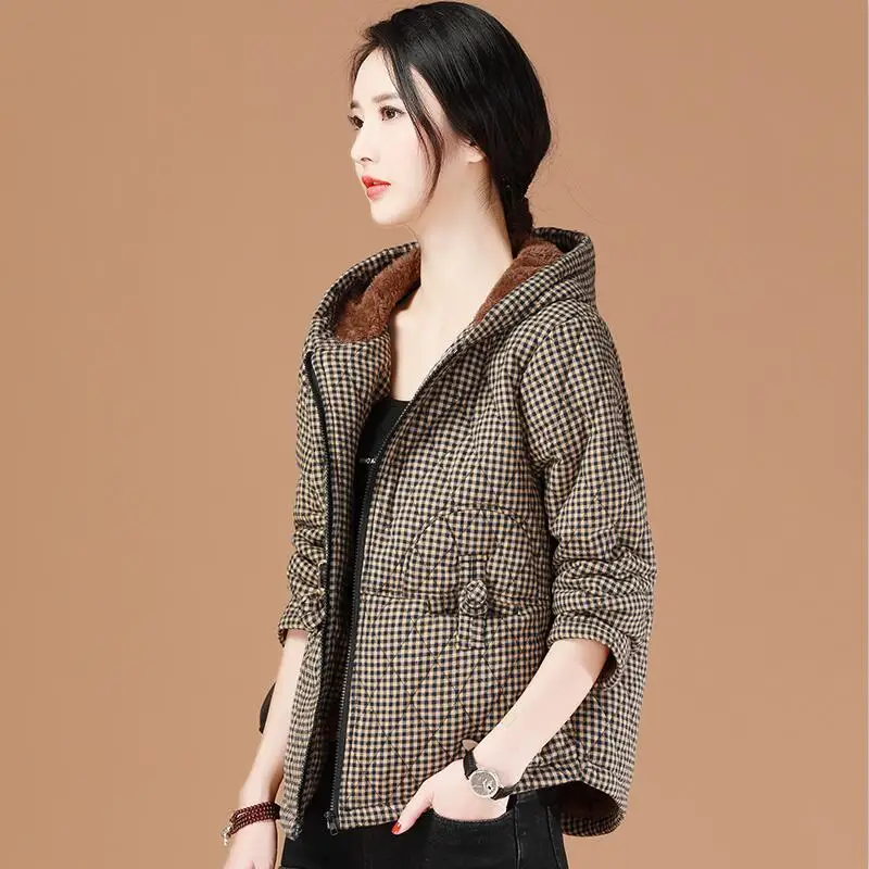 Manteau Cardigan à capuche en coton épais pour femme, veste à carreaux, court, chaud, vêtements d'extérieur, fermeture éclair, de haute qualité, collection hiver 2022