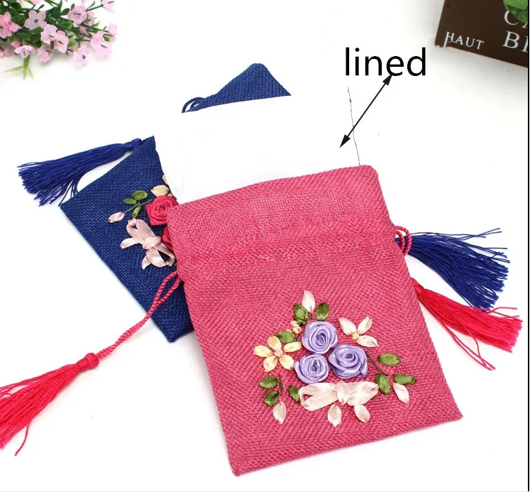 10pcs Tassel Small Linen Jewelry Gift Bag Handmade Ribbon Embroidery  Drawstring Pouch Birthday Party Favor Cloth Packaging