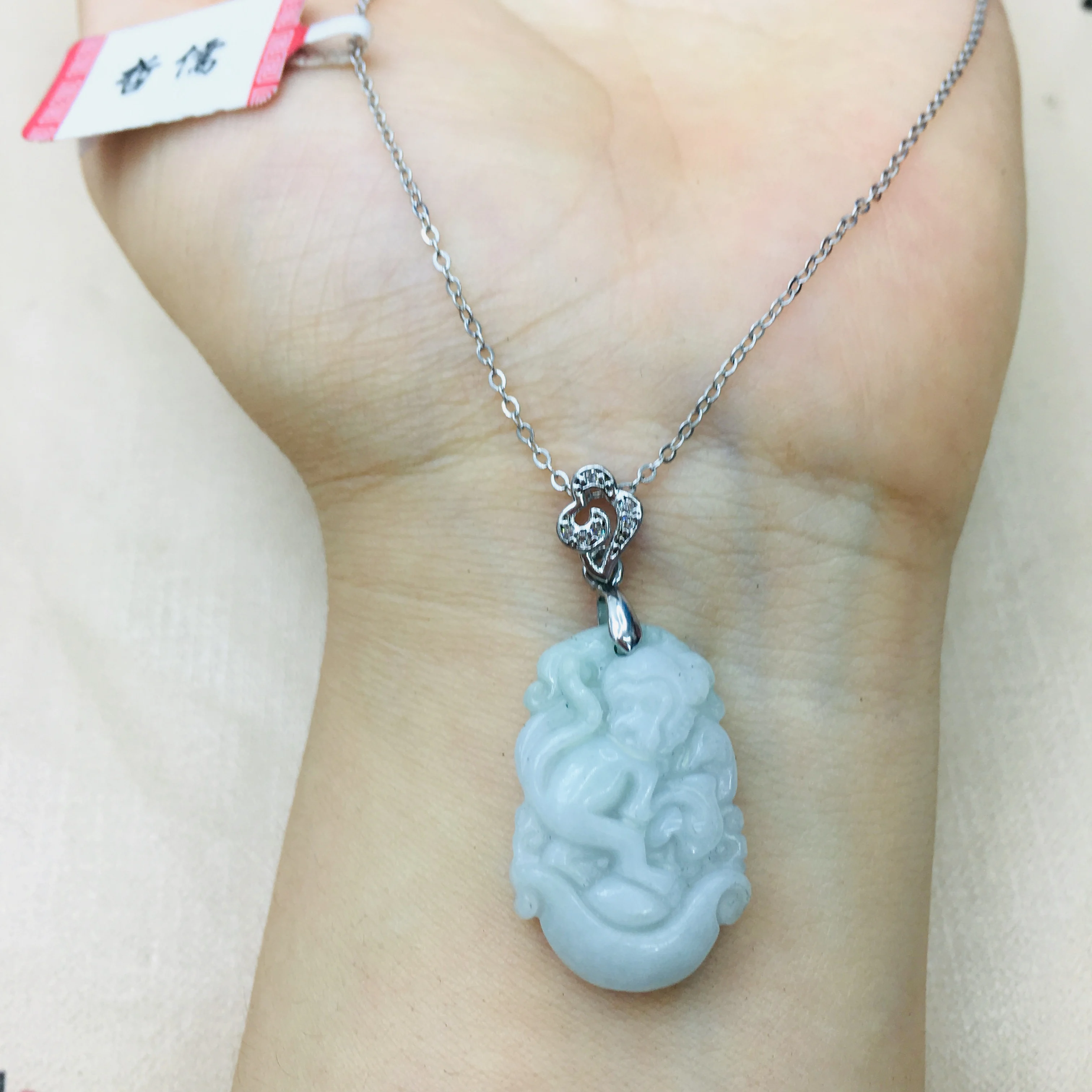 Natural Burmese Ajadeite Carved Zodiac Monkey Pendant with 925 Sterling Silver Necklace Elegant Lady Jade Clavicle Chain