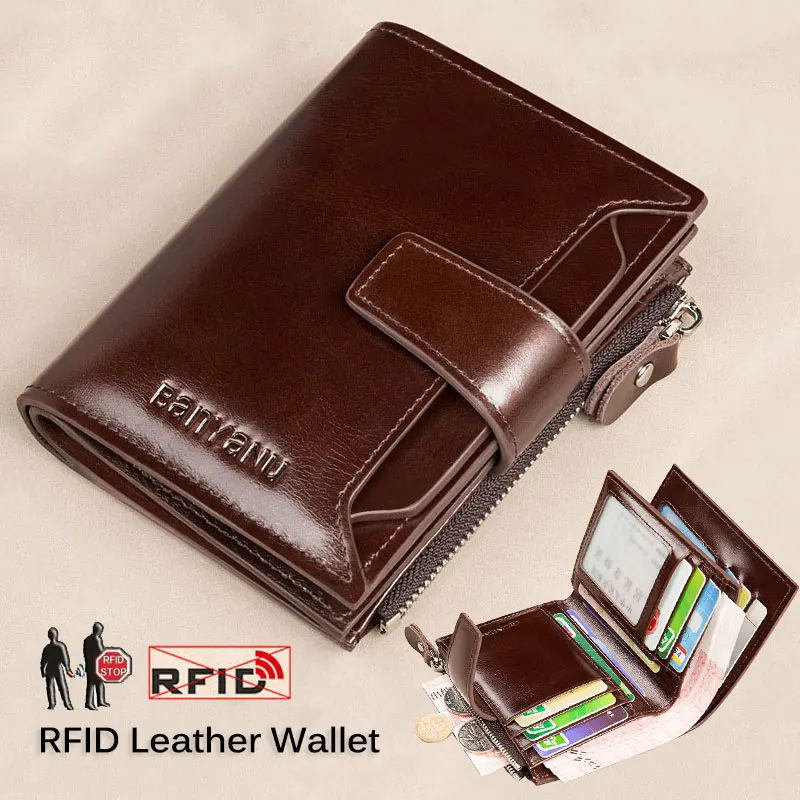 Men\'s Genuine Leather RFID Blocking Trifold Wallet Short Vintage Multi function Credit Card Holder Coin Zipper Pocket Money Bags