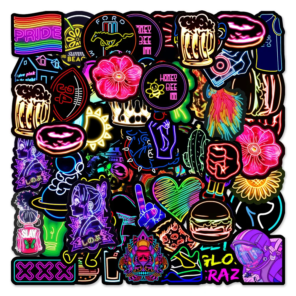 10/30/50pcs Cartoon Neon Light Stickers Cute Decals Graffiti DIY Motorcycle Phone Guitar Bike Laptop Guitar Car PVC Sticker Gift