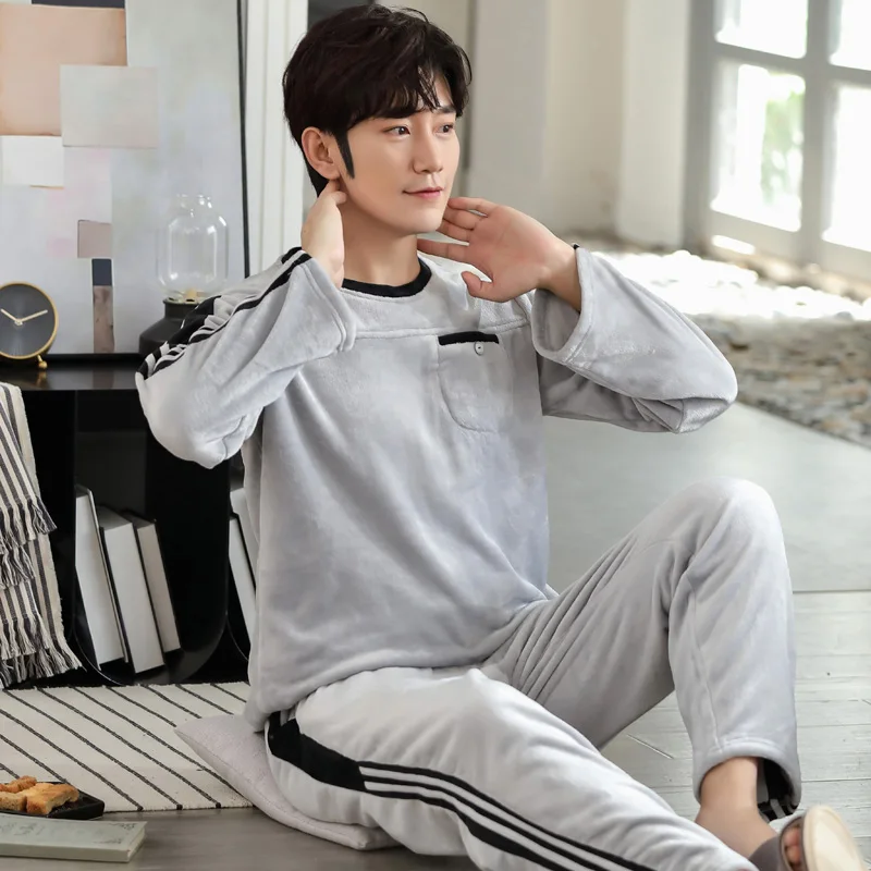 New Winter Thick Warm Men Coral Fleece Pajamas Set Long Sleeve Round Neck Loose Soft Male Lounge Homewear Suits