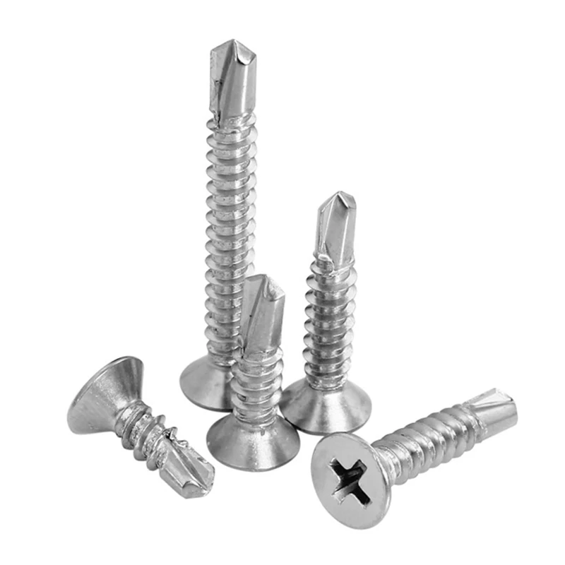 LUCHANG 100pcs 410 Stainless Steel M4.2 M4.8 Cross Flat Countersunk Head Phillips Self Drilling Tail Screw Bolt Tapping Screw