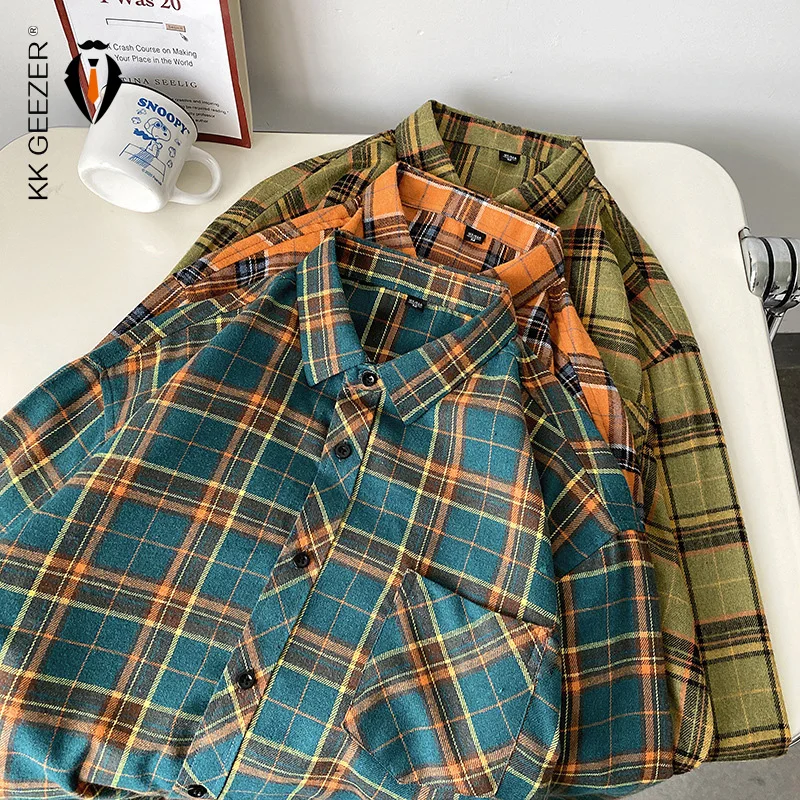 Men Shirt Plaid Flannel Long Sleeve Plus Size Loose Hip Hop Street Mens Casual Shirt Oversized Male Soft Dress Shirt Dropshippig