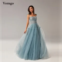 Verngo Simple A Line Dusty Blue Tulle Long Prom Dresses Spaghetti Straps Strapless Pleats Floor Length 2021 Evening Gowns