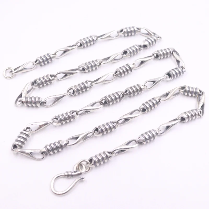 

New Fine Pure S925 Sterling Silver Chain Women Men 5mm Wave Square Figure Bead Link Necklace