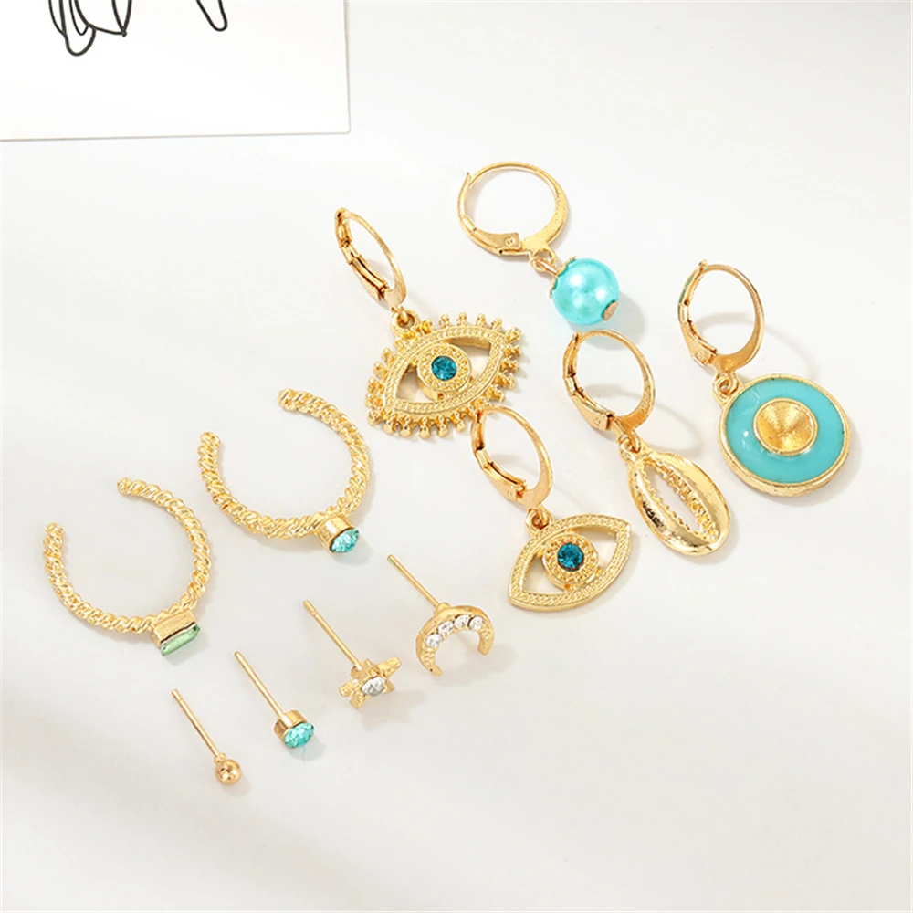 Boho Vintage Geometric Drop Earrings For Women 2020 Eyes Moon Shell Star Crystal Faux Pearls Pendant Earring Set Female Jewelry
