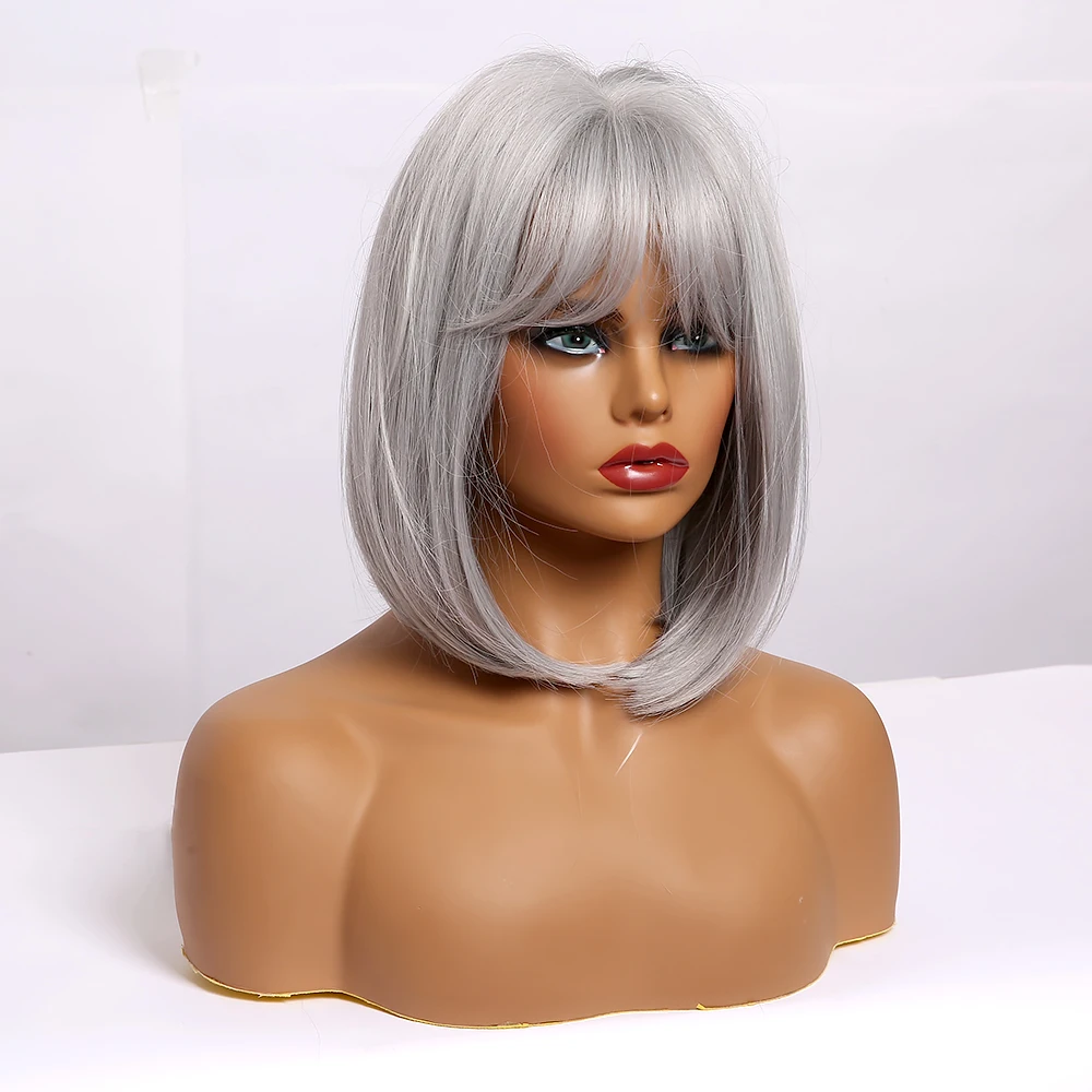 LOUIS FERRE Gray Ash Silver Wigs with Bangs Short Straight Cosplay Bobo Synthetic Wig for Black Women Heat Resistant Cute Fibre