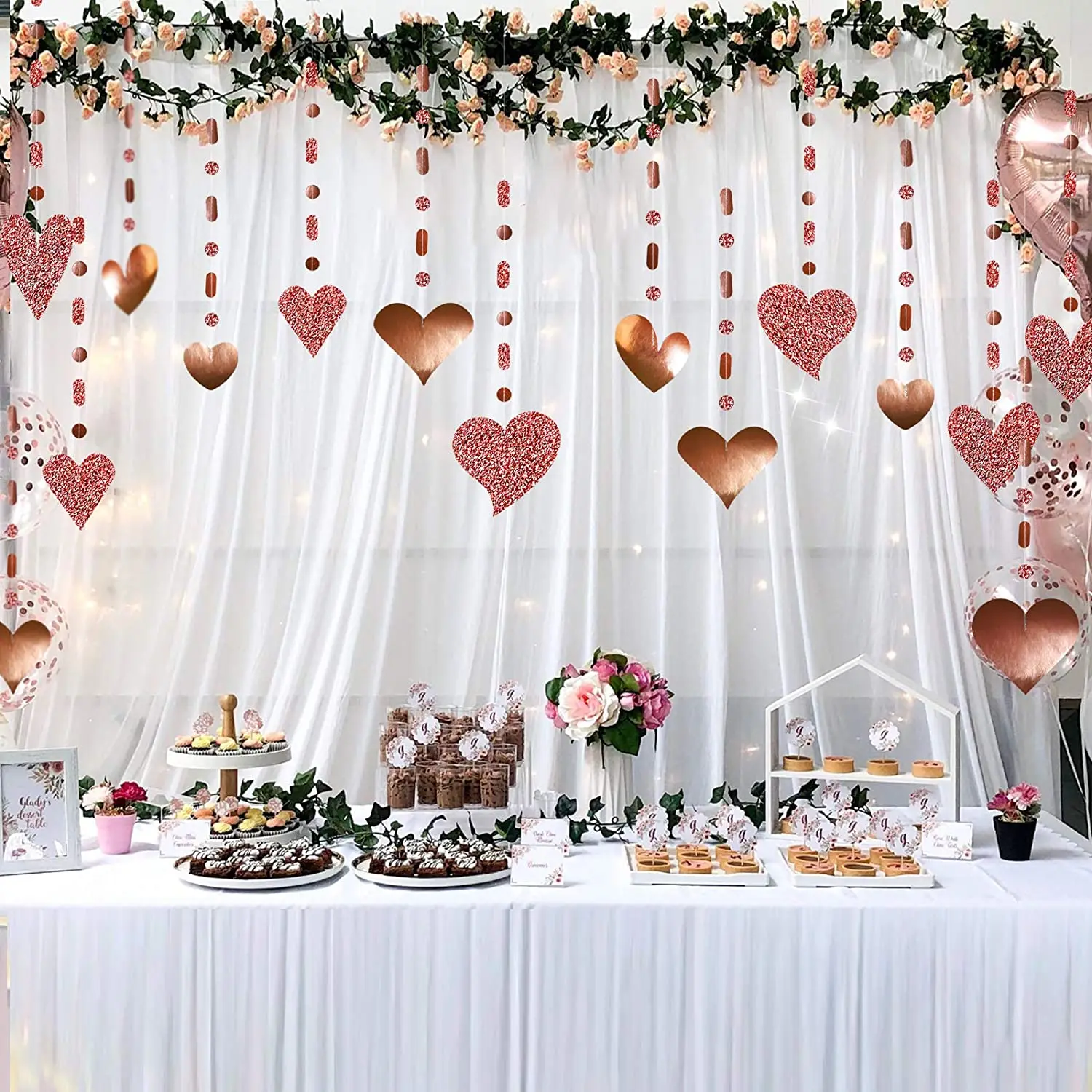 

8Pcs Glitter Rose Gold Birthday Heart Banner Garlands Party Decor Love Wedding Hanging String Valentines Engagement Decorations