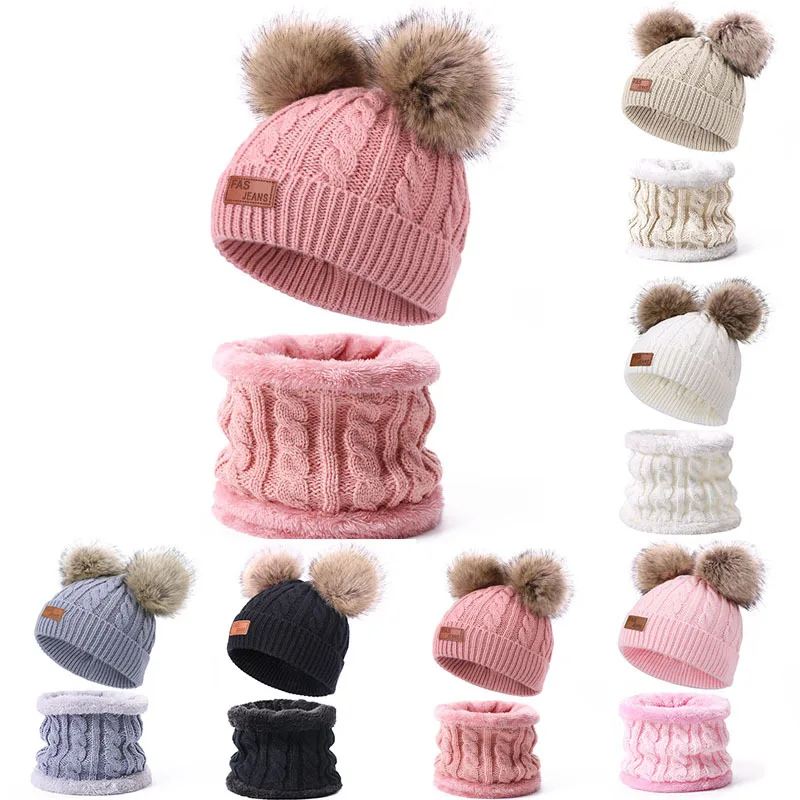 For1-7yearTwo pieces Hat Scarf Set Beanie Cap Children\'s Hats Pompon Keep Bone Ball Fake Warm Winter Skullies Kids Knitted Caps