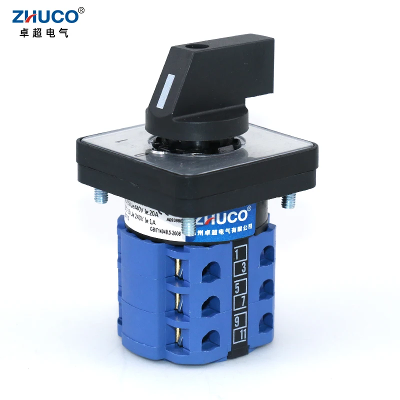 ZHUCO SZW26/LW26-20/C06.3 20A Three Pole ON OFF Two Position 64X64 48X48 Mm Panel Selector Electric Rotary Cam Universal Switch