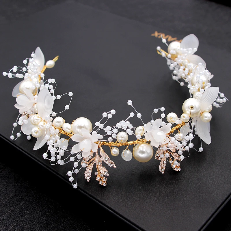 Vintage Crystal And Pearl Flower Bridal Crowns Handmade Rhinestone Tiara Headband Women Diadem Wedding Hair Jewelry Baroque