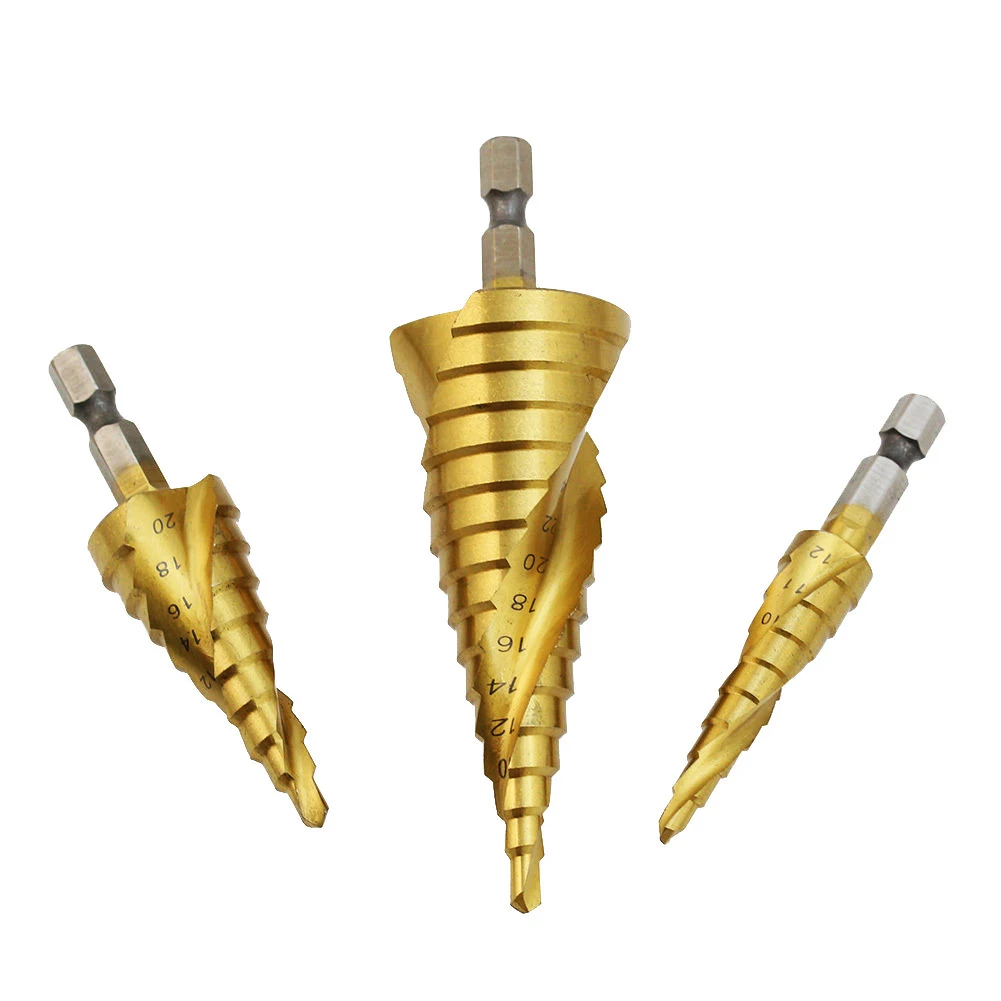 3pcs Golden HSS Helix Spiral Grooved Step Drill Bits Titanium Coated Cut Set Hole Cutter 1/4" Hex Shank