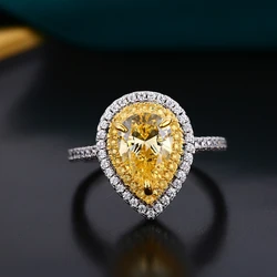 LESF 925 Sterling Silver Ring Pear Cut Very Shiny Simulation Yellow Diamond Wedding High-end Jewelry