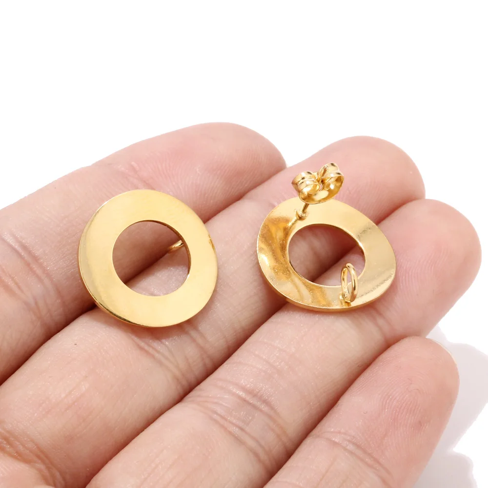 

40pcs 18mm Gold Hollow Round Disc Ear Posts 18K Gold Tone Stainless Steel Geometric Disk Stud Earring Components Hypoallergenic