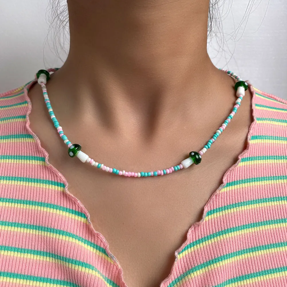 Korean Colorful Mushroom Acrylic Beaded Necklace For Women Girls Summer Y2K Vacation Jewelry Simple Choker Sweet Mujer Collares