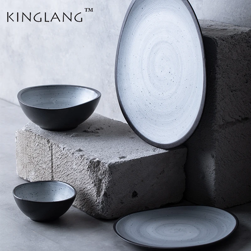 KINGLANG  Dinner Sets Nordic Style Retro Ceramic Plate Set Family Steak Plate Meal Shallow Plate and Bowl Set