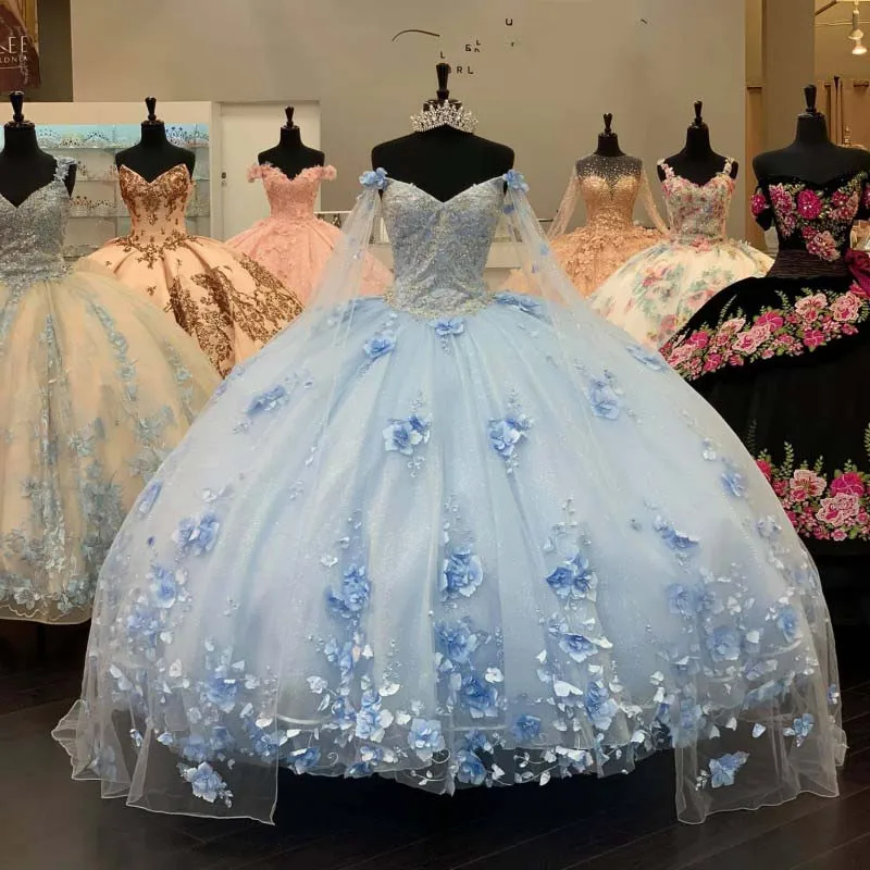 Licht Blau Lange Ärmel Quinceanera Kleid mit 3D Appliqued Weg Von der Schulter Pageant Kleider vestidos de 15 años