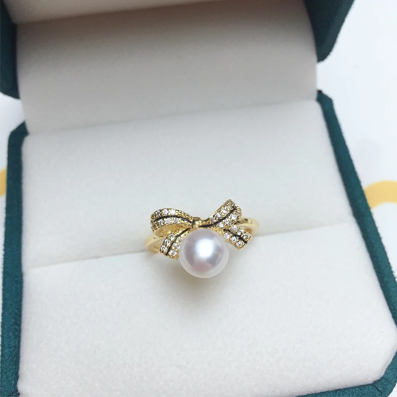 Zhboruini 100% Echte Natuurlijke Parel Ring Nieuwe Ins Persoonlijkheid Prachtige Boog 14K Goud Gild Design Vrouwelijke Meisje Ring Sieraden Voor Vrouw