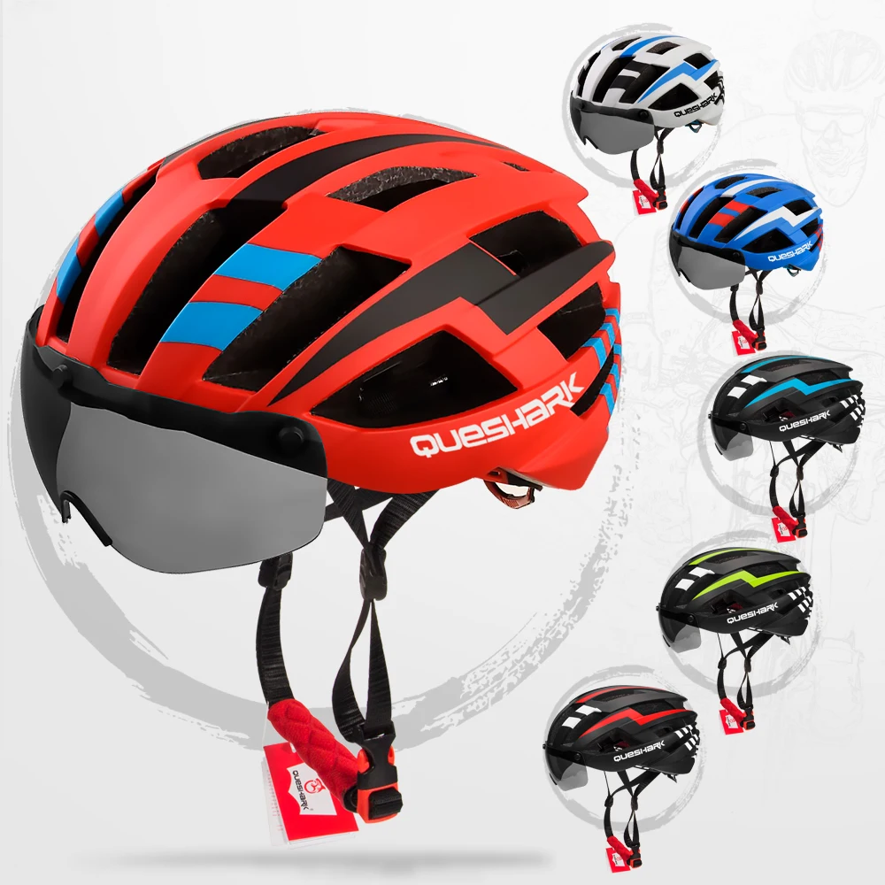 QUESHARK Men Women Cycling Helmet MTB Road Bike Bicycle Motorcycle Riding Removable Yellow Colorful Silver Blue Lens QE115