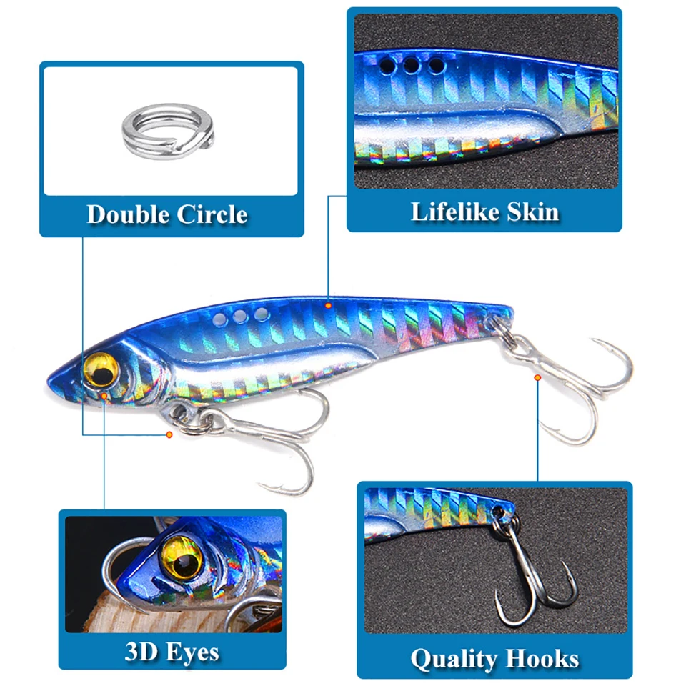 KoKossi 1PCS 8G/13G/16G/20G Vibration Fishing Hard Lures VIB Sinking Artificial Bait 3D Eyes Quality Hooks Fishing Accessories