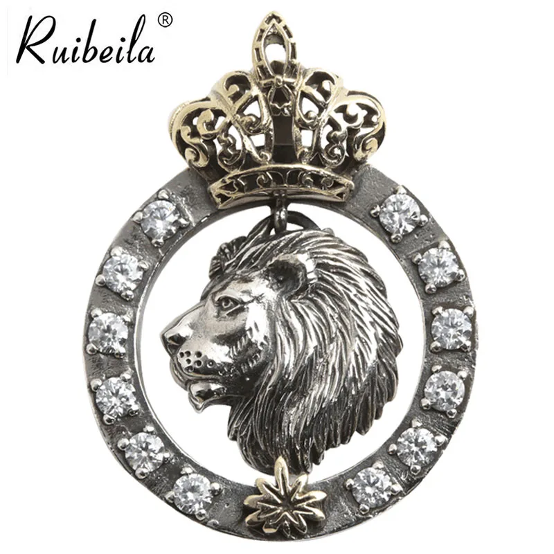 Ruibeila S925 Silver Vintage Crown Crown Lion Head Pendant Personality Stone Men and Women Necklace R01030258