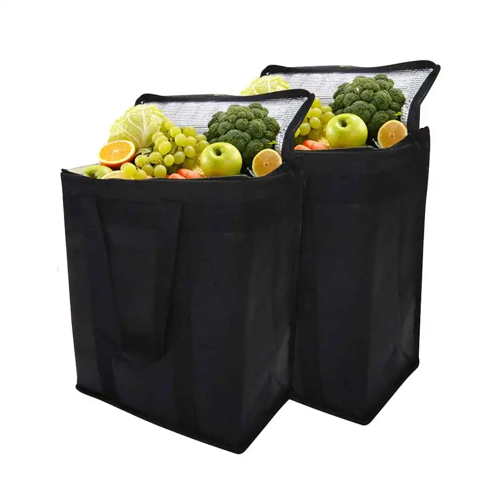 2 Pack Reusable Insulated Cooler Bags Collapsible Grocery Shopping Bag with Durable  Dual Zippers,Keep Food Hot(Black Color)