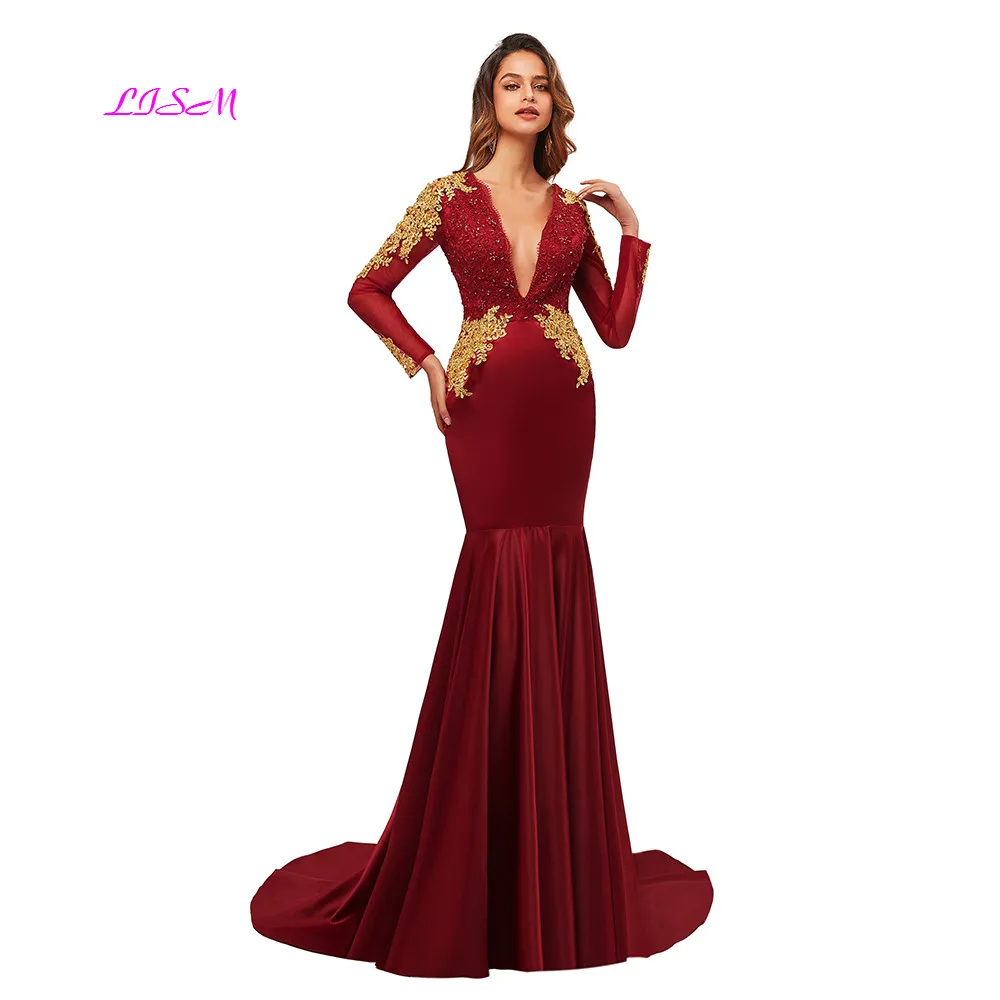 Elegante vestido de noche de sirena, Sexy, con cuello en V profundo, manga larga, satén, para baile de graduación, apliques dorados, vestidos de fiesta formales con cuentas