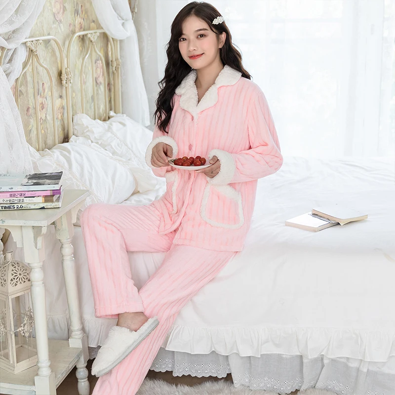 Pajama Woman Winter Coral Velvet Pajamas Women Autumn And Winter Suit Two-Piece Cardigan New Thick Plus Velvet Sleepwear