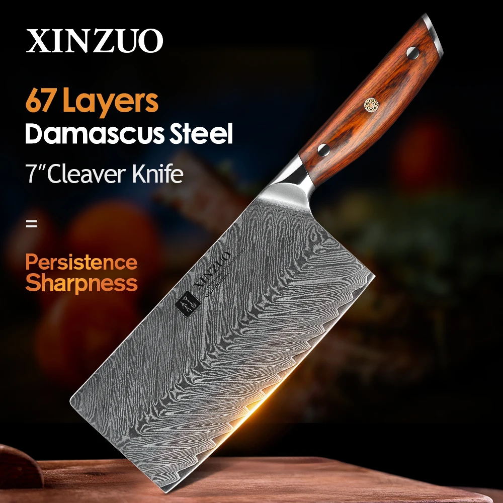 XINZUO 7\'\' Inches Cleaver Meat Knife Stainless Steel VG10 Damascus Cooking Tools Cleaver Best Gift Knives Rosewood Handle