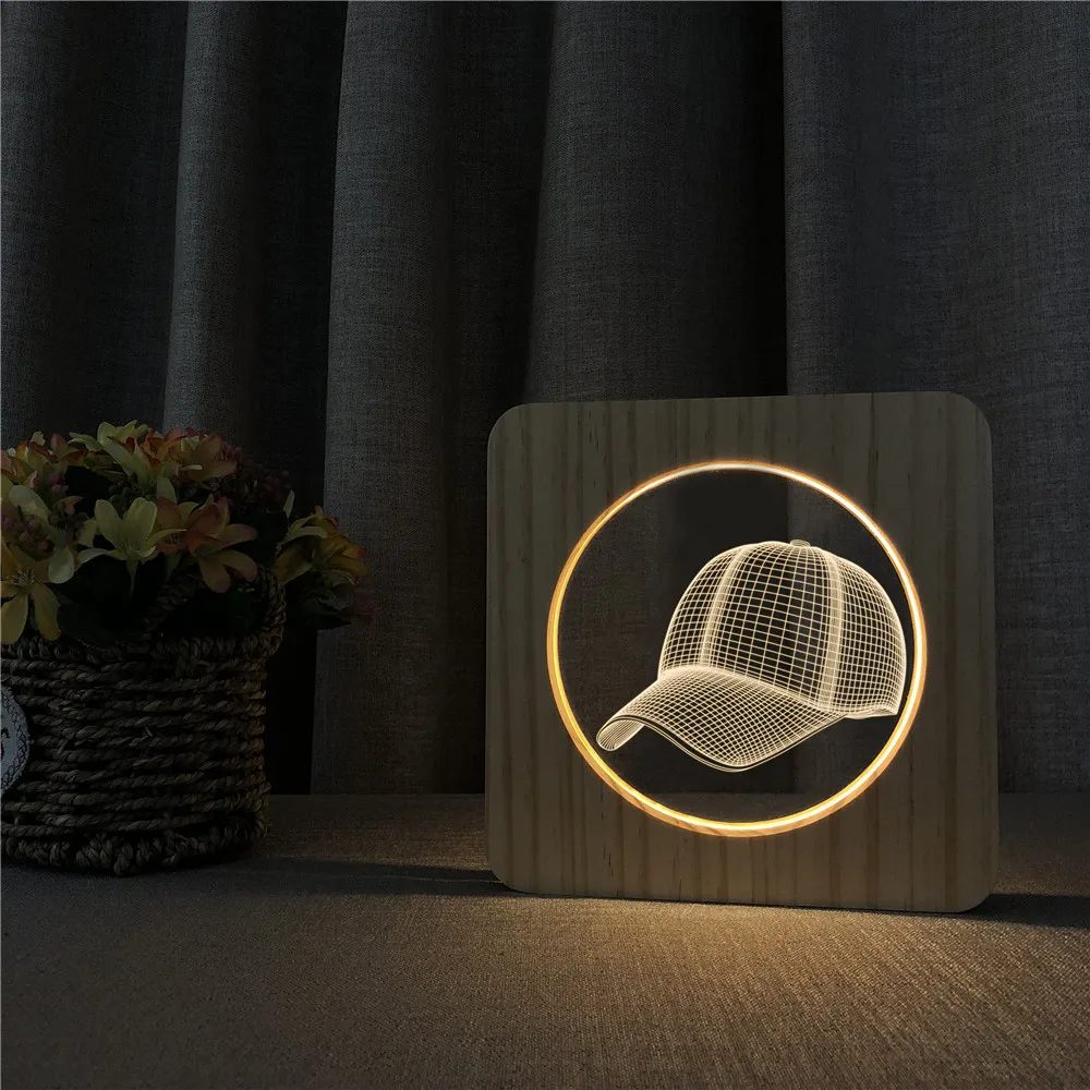 Baseball Cap Sports 3D LED Arylic Wooden Night Lamp Table Light Switch Control Carving Lamp for Children's Room Decorate Gift