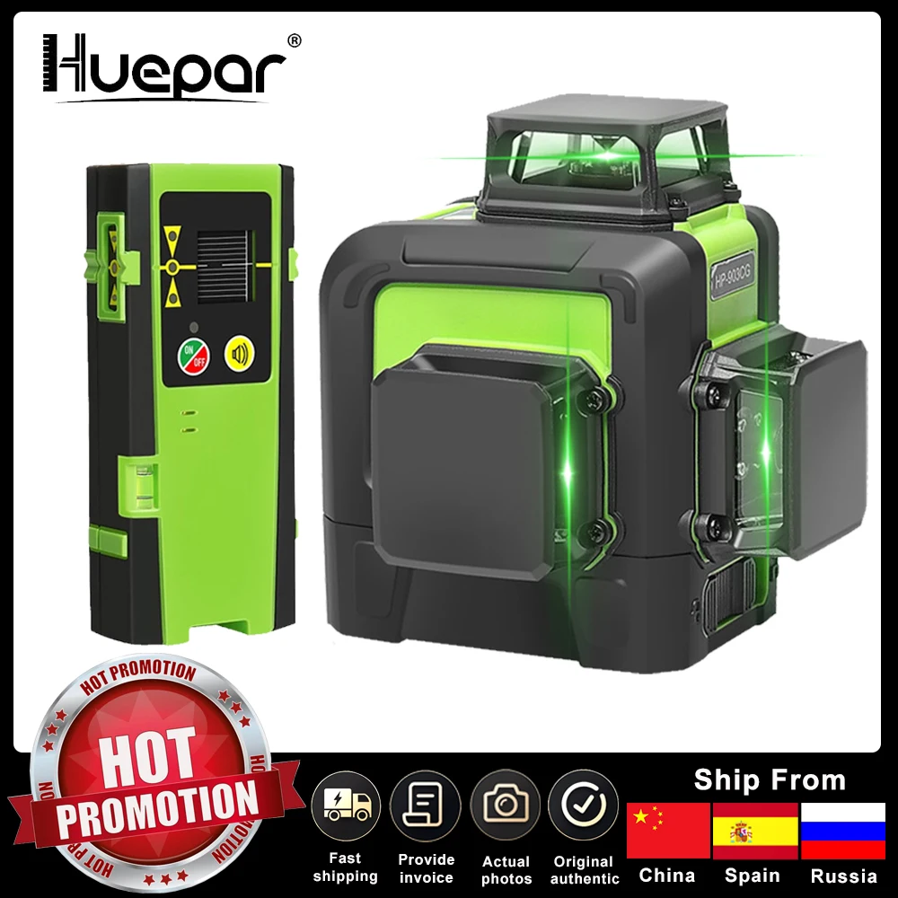 Huepar 3D Cross Line Laser Level 360 Self-leveling 12 Lines Green Beam Measure Tools Includes LR-6RG Digital LCD Laser Receiver