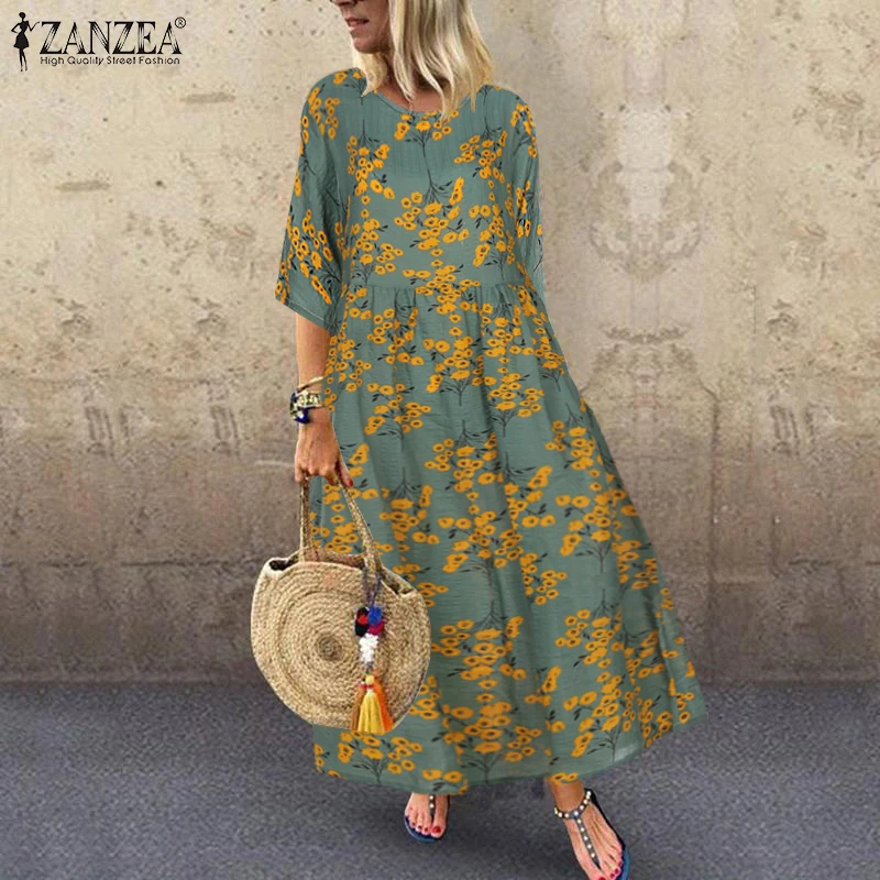 ZANZEA-vestido plisado Vintage para mujer, túnica larga estampada de manga 2023, Otoño y verano, 3/4