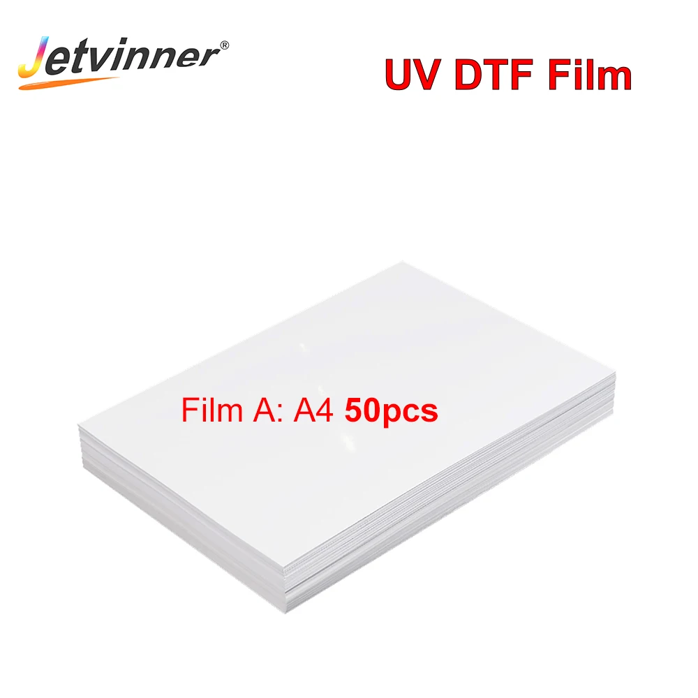 

Jetvinner 50PCS A4 UV DTF film A for All UV Printers Transfer Metal Glass Wood Plastic Acrylic Silicone Waterproof Sticker