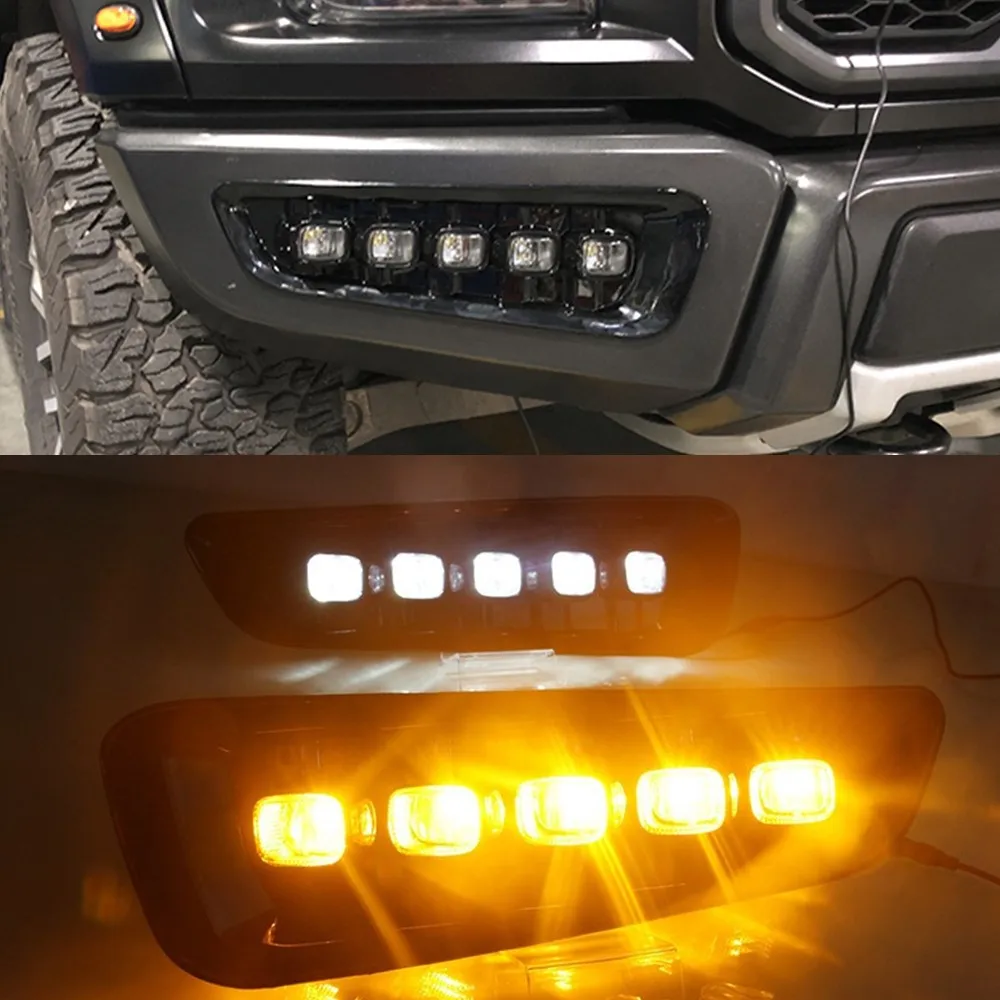 2Pcs DRL LED Daytime Running Lights For Ford Raptor SVT F150 2016 2017 2018 2019 2020 with Turn Signal Yellow Fog Lamp