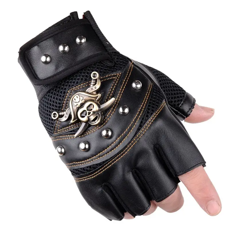 Pirate Captain PU Leather Fingerless Gloves Men Women Skulls Rivet Mitts Hip Hop Gym Gloves Female Moto Half Finger Men\'s Gloves