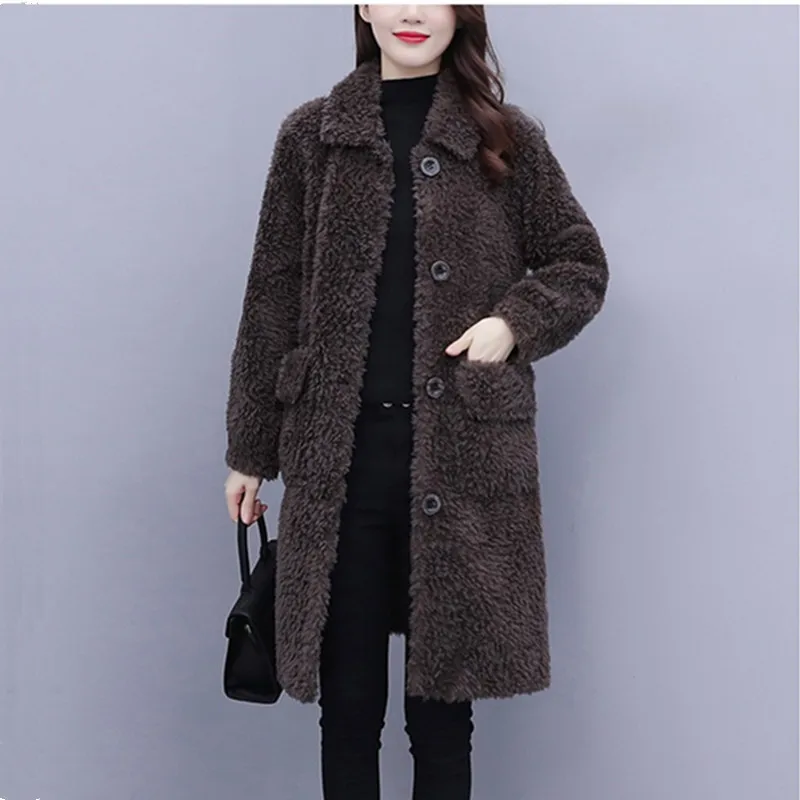 UHYTGF Elegant Mother Winter Fur Jacket Fashion Single-Breasted Loose Big Size Coat Mid-Length Casual Warm Women Outerwear 1994