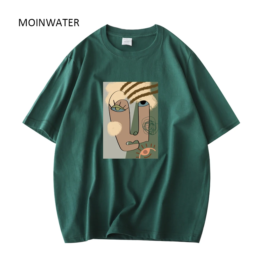 MOINWATER Women New Abstract Pattern T shirts Female Cotton Green Summer Tees Lady Khaki Short Sleeve Streetwear Tops MT21027