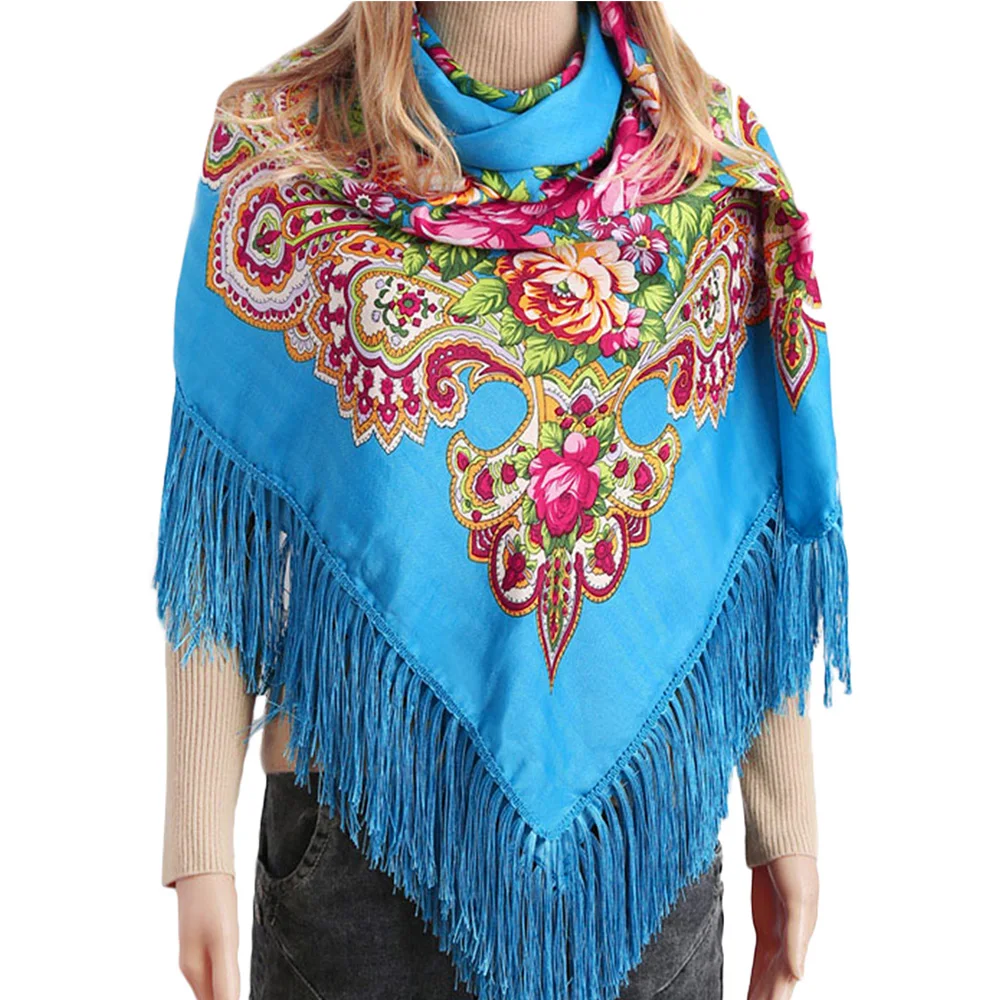 90cm*90cm Russian Brand Big Size Square Scarf Cotton Long Tassel Scarf Spring Winter Shawl Women Floural Pashmina Cape