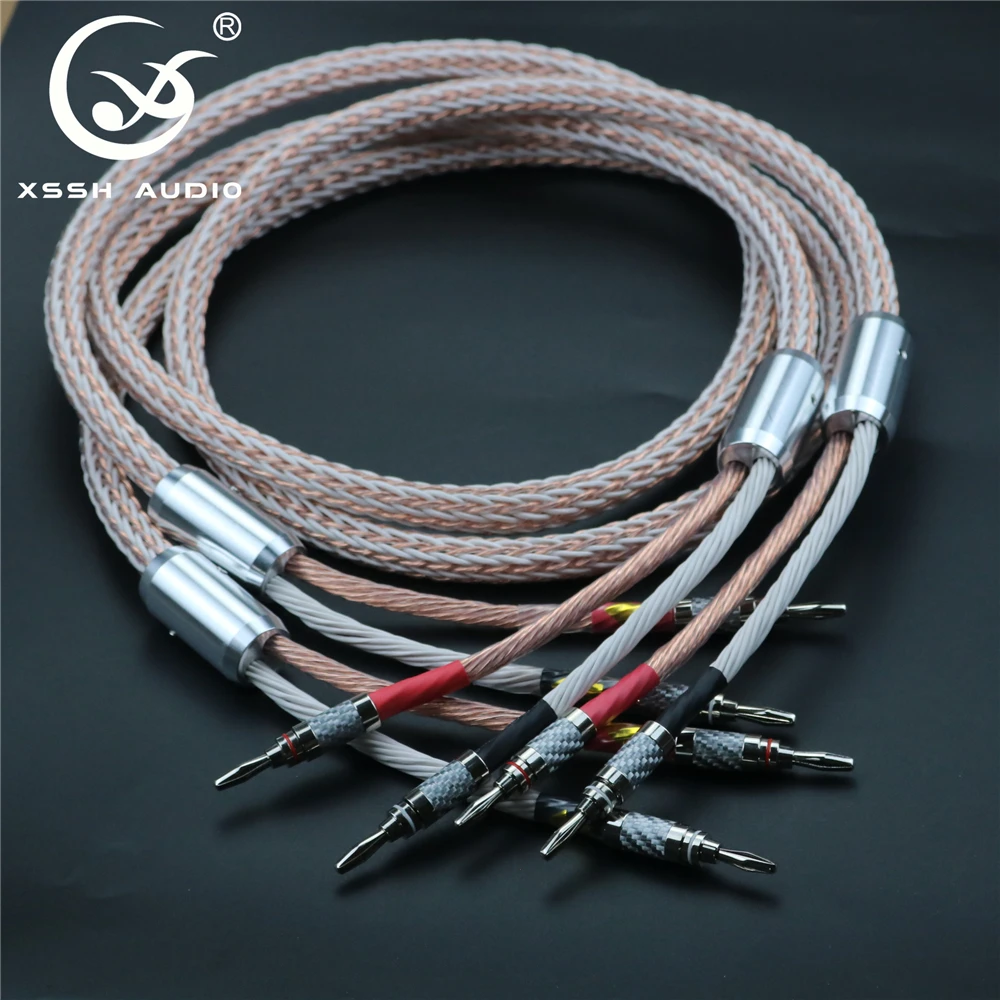 1 Pair XSSH Audio HIFI Carbon Fiber Rhodium Plated Banana Plug to Banana Plug OCC Pure Copper 24 Core Speaker Cable Cord Wire