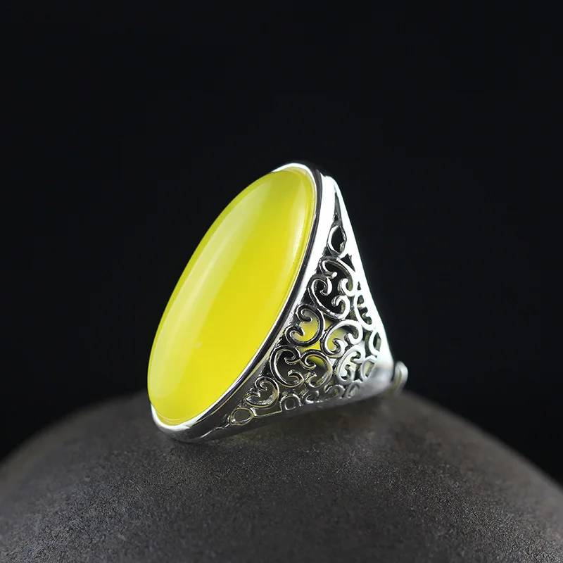 

Uglyless Exaggerated Wide Rings for Women Hollow Vines Oval Gemstones Open Rings Real 925 Silver Chalcedony Jewelry Retro Bijoux