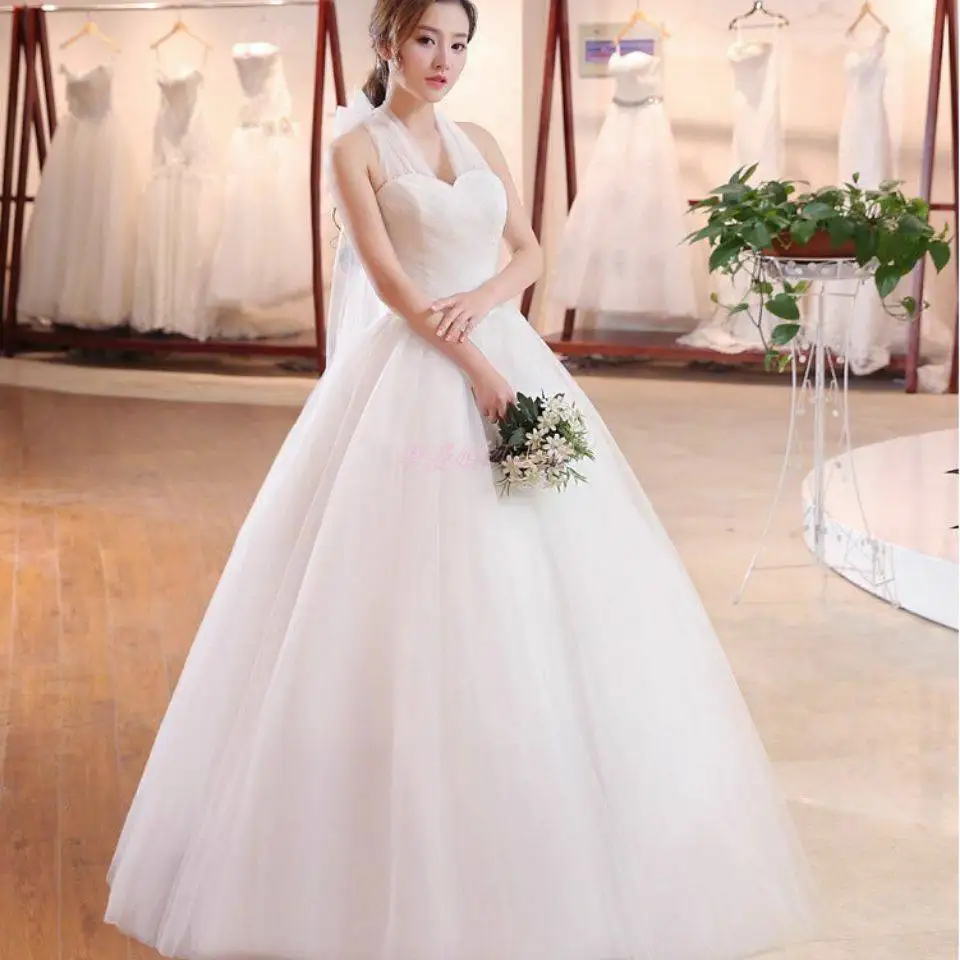 Halter Wedding Dresses White Tulle Boat Neck Wedding Dress Lady Princess Floor Length Ball Vestido Prom Party Gown Long Robes